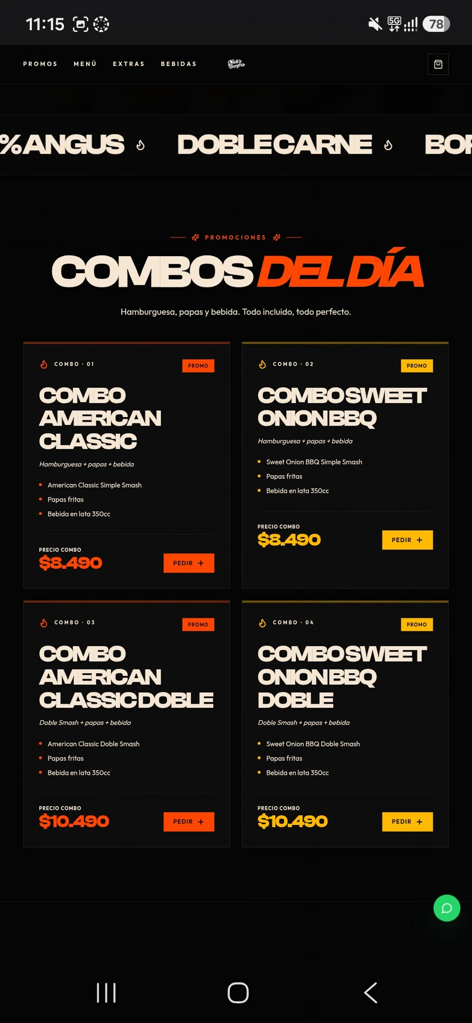 Captura real del sitio web de Nick's Burgers: sección de combos con precios
