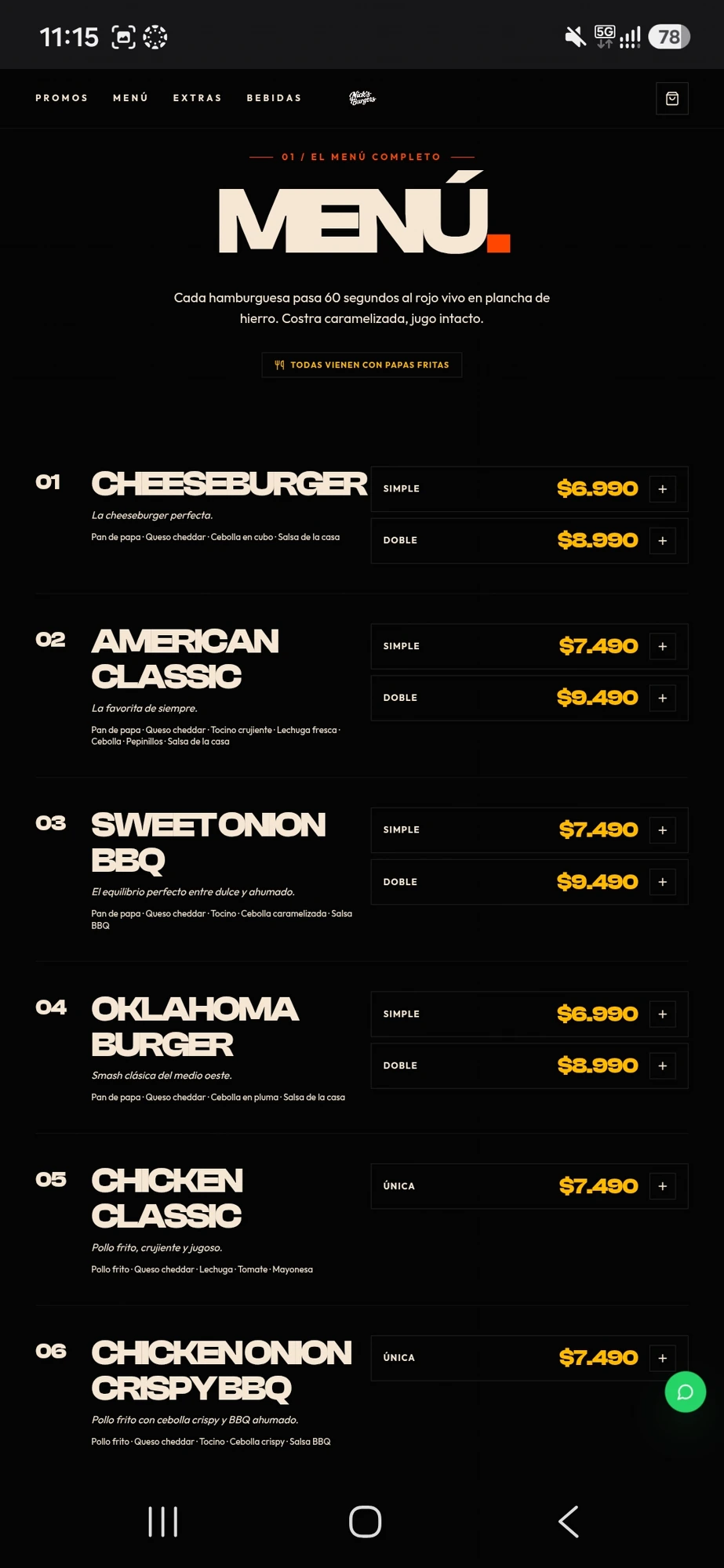 Captura real del sitio de Nick's Burgers: menú de hamburguesas con precios
